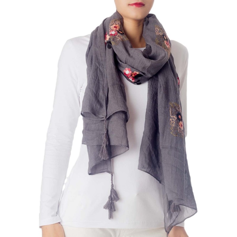 iB-iP Women's Floral Pattern Lightweight Embroidered Scarf, Warm grey