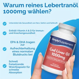 Pure Cod Liver Oil 1000mg | Supports Heart, Brain, Vision & Immunity | Rich in Omega 3 | 240mg EPA and 270mg DHA Per Serving | 180 Capsules | Made in the UK