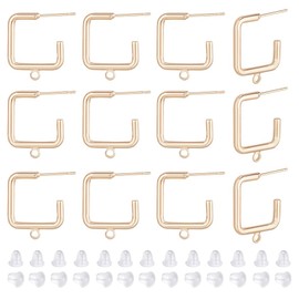 BENECREAT Pack of 16 18 K Gold-Plated Square Stud Earrings Made of Brass, Open Hoop Earrings with Loops and 40 Pieces Plastic Ear Nuts for DIY Jewellery Making, 19 x 16 x 2 mm
