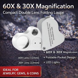 XSAJU Jewelry Loupe Magnifier, 30x, 60x, 2 Types of Lenses, Eyepiece Magnifier with LED Light, Foldable, Storage Case Included (Silver)