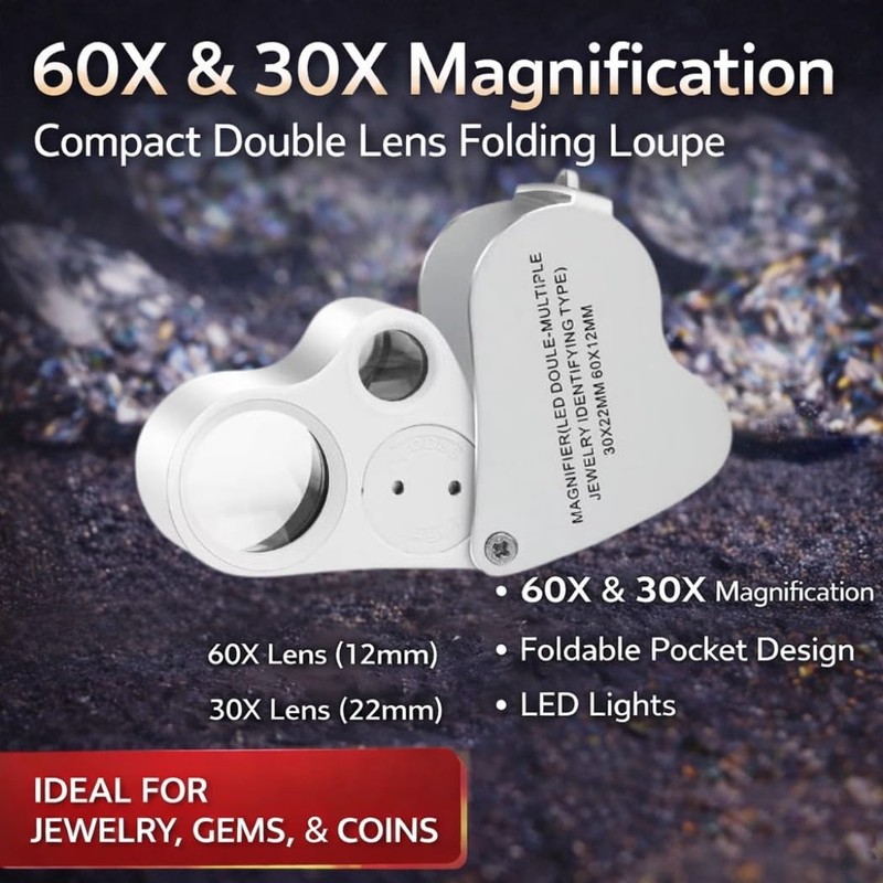 XSAJU Jewelry Loupe Magnifier, 30x, 60x, 2 Types of Lenses,