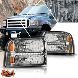 LED DRL Headlights Assembly Set Compatible with 05-07 Ford F250-F350 SD | Headlamps with Chrome Housing Amber Corner