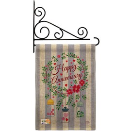 Breeze Decor GS115103-DB-03 Happy Anniversary Burlap Special Occasion Family Impressions Decorative Vertical 13" x 18.5" Double Sided Garden Flag Set Metal Fansy Wall Bracket Hardware