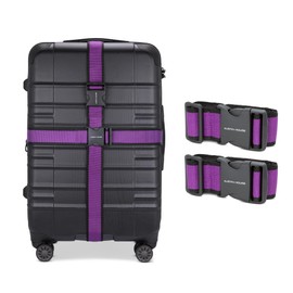 Austin House Travel Essentials Luggage Strap — Heavy-Duty Webbing, Adjustable Up to 76" (1.93 M), Quick Release Buckle, TSA Approved — Purple and Black Stripe (2 Packs)