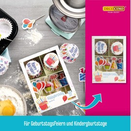 DECOCINO Happy Birthday Muffin Set 48 Pieces - 24 Cupcake Cases with Diameter 5 cm & 24 Muffin Toppers Made of Paper, Ideal Decoration for Children's Birthdays