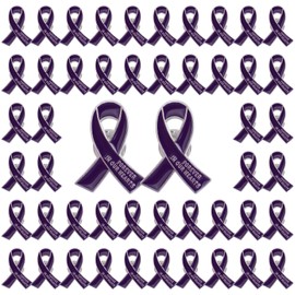 WANDIC 50 Pcs Purple Ribbon Metal Pins, Memorial Ribbon Alloy Brooches in Forever in Our Hearts for Funeral Mourning Event Bereavement Remembrance