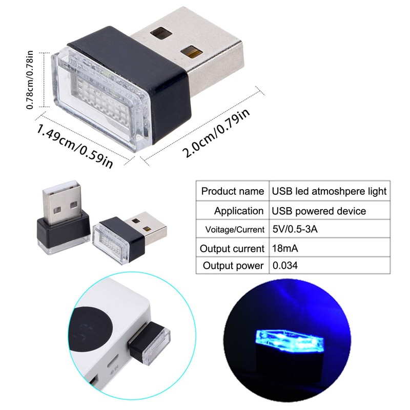 Febrytold 4Pcs Blue USB Car Interior Atmosphere Lamps, Universal Mini