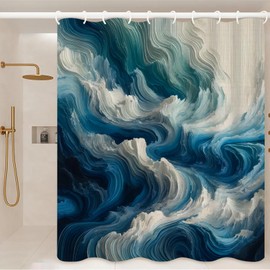 VODRM Abstract Ocean Waves Shower Curtain- 72x72 Inch Contemporary Bathroom Decor with 12 Hooks - Modern Blue and White Curtains - Country Home Decoration, Gifts Adult Women