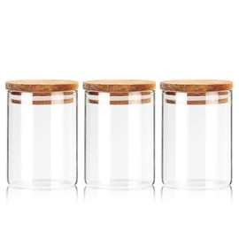 Labina Qtip Holder Glass Bathroom Organizer Storage Canisters with Wooden Lid, 10oz Jar for Cotton Balls Swabs Dispenser and Bathroom Essentials(3 Pack)