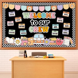 Groovy Back to School Bulletin Board Decorations Welcome to Our Crew Classroom Bulletin Board Border Set Retro Groovy Daisy Hippie Paper Cutouts Preschool Chalkboard Wall Decor