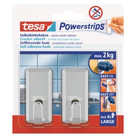 tesa Powerstrips Haken Large CLASSIC - Selbstklebender Wandhaken für Glas, Kacheln, Holz, Kunststoff und andere Untergründe - Chrom