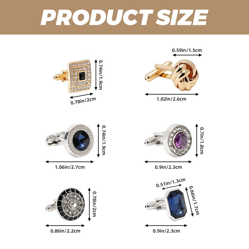 6Pairs Cufflinks Cuff Links for Men,Diamond Crystal Cufflinks,Fashion Classic Tone