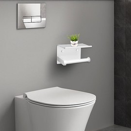 Adhesive Toilet Paper Holder with Phone Shelf Paper Tissue Holder Storage 304 Stainless Steel Wall Mounted Toilet Roll Holder Dispenser,Paper Holder with Shelf Bathroom Organizer White