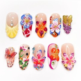 24pcs Colorful Flower Press on Nails Medium Almond Fake Nails with 3D Summer Floral Butterfly Rhinestone Design Glue on Nails French Tip False Nails Gold Beads Acrylic Nails Stick on Nails for Women