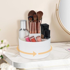 LOPHE 360°Rotating Makeup Brush Holder, Make Up Brush Organiser with 5 Compartments, Dustproof and Waterproof Rotating Brush Organiser Cosmetic Organizer Storage for Bathroom Dressing Table, White