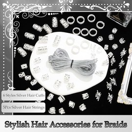 60PCS Silver Hair Strings Hair Cuffs for Braids Metal Alloy Dreadlock Braid Clip Adjustable Non-Piercing Ear Clips Loc Accessories for Women and Girls