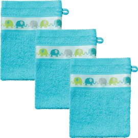 Erwin Müller Walk-Frottier Children's Wash Mitt with Elephant Border, Pack of 3, Turquoise, Size 15 x 21 cm, Pleasantly Soft and Fluffy, Very Quick Drying and Absorbent