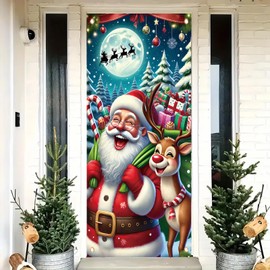 Saoplasa Merry Christmas Door Banner 35x71 Inch Santa Claus and Reindeer Holiday Front Door Cover with Snowy Background Winter Christmas Porch Decorations for Indoor Outdoor Xmas Party Decor