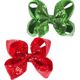 2PCS Christmas Hair Bows Clips Red Green Ribbon Hairpin Cheer Alligator Clips Bows Hairpins Barrette for Xmas Sparkly Glitter Women
