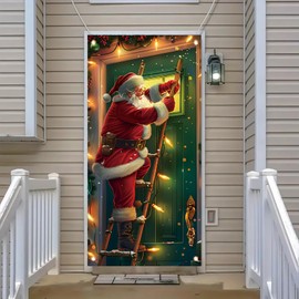 Saoplasa Christmas Door Cover Santa Climbing Banner 71 x 35 Inch Green Door Backdrop with Holiday Lights Festive Decoration for Christmas Party Wall Hanging Front Door Winter Wonderland Photo Prop