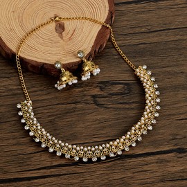 BOINDOON Indian Jewelry Sets for Women Jhumka Necklace Oxidized Choker Chain Earrings Silver Kundan Jewelry Sets, INJ-001-white, Silver, No Gemstone