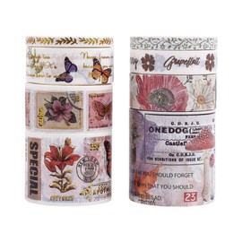 RISYPISY Vintage Washi Tape Set, 8 Rolls Narrow Wide Japanese Masking Tapes Butterfly Flower Stamp Decorative Tape with Gold Foil for Journaling, Scrapbooking Supplies(Butterfly)