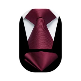 HISDERN Mens Ties Burgundy Ties for Men Red Necktie with Pocket Square Set Formal Satin Silk Solid Maroon Tie Handkerchiefs Classic Wedding Plain Neck Tie Set