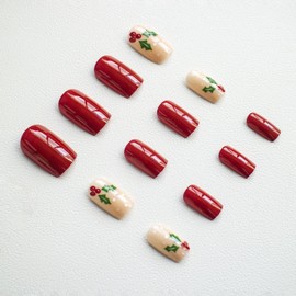 Christmas Press On Nails: Medium Square French Tip Red & White Snowflake Holly Designs Full Cover Winter Glossy Glue on Acrylic Nails (24 Pcs)