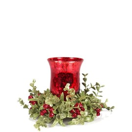 Ganz Kissing Krystals Small Red Mecury Glass Hurrican Candle Holder and Mistletoe Set