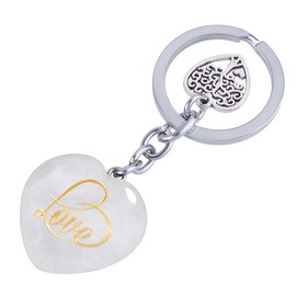 KYEYGWO Healing Crystal Heart Key Ring with Love Carved, Tree of Life Key Ring Decorative Heart Shape Stone Bag Pendant Body Pendant for Men and Women, White