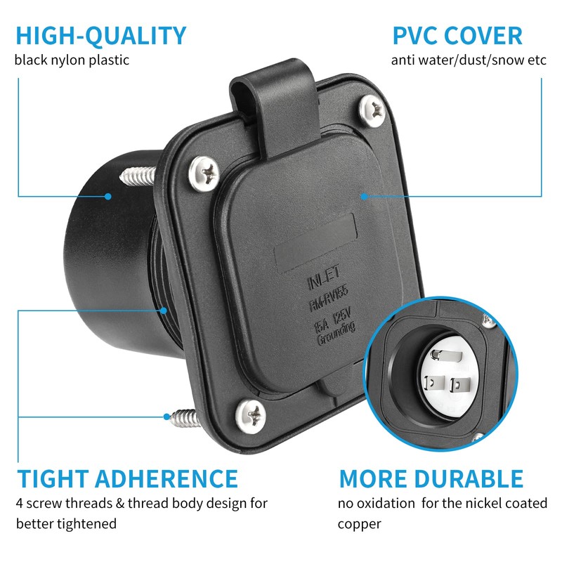 Huazu 15 Amp 125V Flanged Inlet Plug - NEMA 5-15