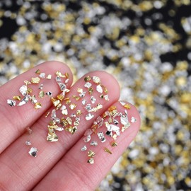 Irregular Crushed Glass Chips Sprinkles, 100g Metallic Chunky Glitter Stones for Nail Art, Resin Mold Filler, DIY Crafts, Vase Filler, Jewelry Making (Gold &Silver)