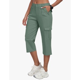 MoFiz Women's Cargo Capris Hiking Pants Summer Outdoor Travel Casual Capri Pants for Women with 6 Pockets Grey Green L