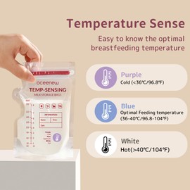 Oceenew 120 Pcs Breastmilk Storage Bags 8 Oz, Temp-Sensing BPA Free Milk Storage Bags with Pour Spout for Breastfeeding, Self-Standing or Flat Pre-sterilised Bag, Space Saving for Fridge or Freezer