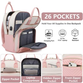 Laptop Backpack for Women Work - 15.6 Inch Travel Backpack Fashion Work Business Backpacks Purse Warterproof College Teacher Nurse Computer Daypack Beige Pink