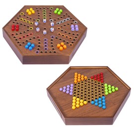 Chinese Checkers & Marble Board Game – 2-in-1 Double-Sided Wooden Board Game for Adults & Families, 72 Acrylic Marbles, 7 Dice, Storage Drawer – Fun Game for Adult Gatherings & Parties