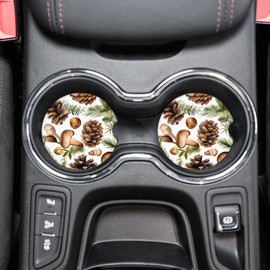 Snatocys 2 Pack Car Cup Holder Coaster, 2.68 inch Anti Slip Insert Absorbent Pinecone Ceramic Car Coaster with Cork Base and Finger Notch, Car Accessories Interior, Wild Plant