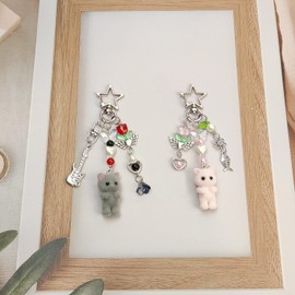 Nalefow Cute Pink Keychain,Fuzzy Cat Keychain Aesthetic Y2K Keychain Charms Stylish Keychains Accessories, 2pcs Guitar Flowers Cat Sets, Medium