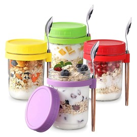 Segutage 4Pcs Overnight Oats Container Jar with Lids and Spoon, 12oz/350ml Overnight Oats Jars Glass Breakfast Yoghurt Pots Yoghurt Container Pots for Fruit Salad Milk Breakfast Meal Prep
