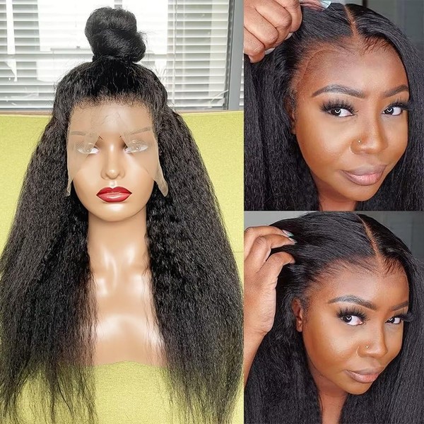 Yaki Straight 13 x 4 x 1 HD Lace Front Human Hair Wig for Women Kinky Straight T Part Lace Front Wig Human Hair Brazilian T Part Wig Virgin Human Hair Pre Plucked With Baby Hair 20 Inch Natural Black