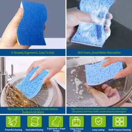 PUCITY Blue Wood Pulp Sponges 12Pack Non-Scratch Cellulose Scrub Sponge, Dual-Sided Dishwashing Sponge for Kitchen