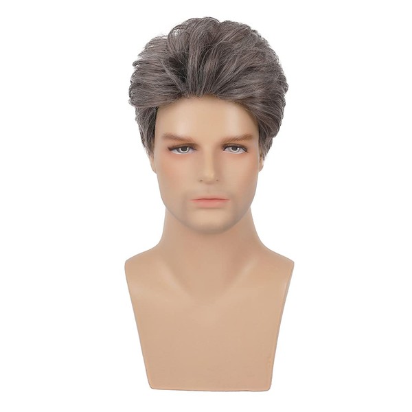 Baruisi Mens Short Wig Brown mixed Silver Cosplay Hair Wig Natural Synthetic Replacement Wig