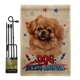 Patriotic Tibetan Spaniel Burlap Garden Flag Set with Stand Animals Dog Puppy Spoiled Paw Canine Fur Pet Nature Farm Animal Creature Small Gift Yard House Banner Double-Sided Made In USA 13 X 18.5