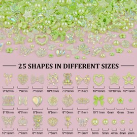 120 Pcs Kawaii 3D Nail Charms with Nail Charm Glue Set(UV Needed), Over 300 PCS Charms with Butterfly Bow Star Heart Bear 3D Flower and Pearls in Total with Tools for Nail Art(Green)