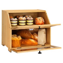 Bamboo Bread Box for Kitchen Countertop, Large Bread Storage Container Bin 2 Layer Breadbox Holder for Kitchen Counter, Cabinet, Pantry, Cupboard (Natural)