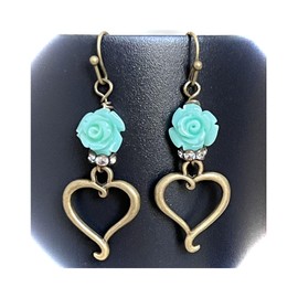 Bronze Heart with Rhinestone and Blue Rose Earrings Love Valentine Jewelry Earrings for Women #3298FE3231