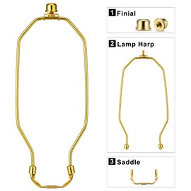 Lamp Shade Holder, 2 Set 10 Inch [Heavy Duty] Lamp Harp Holder with 3/8 Standard Saddle + Lamp Finial Caps for Table and Floor Lamps (Polished Brass)
