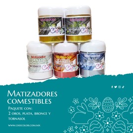 Matizadores metálicos comestibles 12g - Paquete con 5 piezas - Polvo dorado, plata, bronce, tornasol. Para repostería.