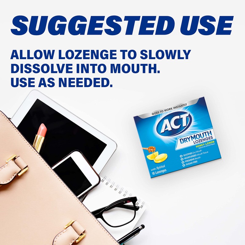 ACT Dry Mouth Lozenges With Xylitol, Sugar Free Honey-Lemon, 18