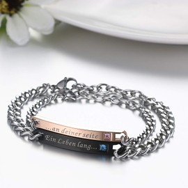 JewelryWe Jewellery Gift Ideas - One Pair of “Ein Leben Lang” Silver Partner Bracelets, Black, Rose Gold, Silver, Made Of Stainless Steel, Customisable, Stainless Steel, Lady: an Deiner Seite/Lord: ein Leben lang